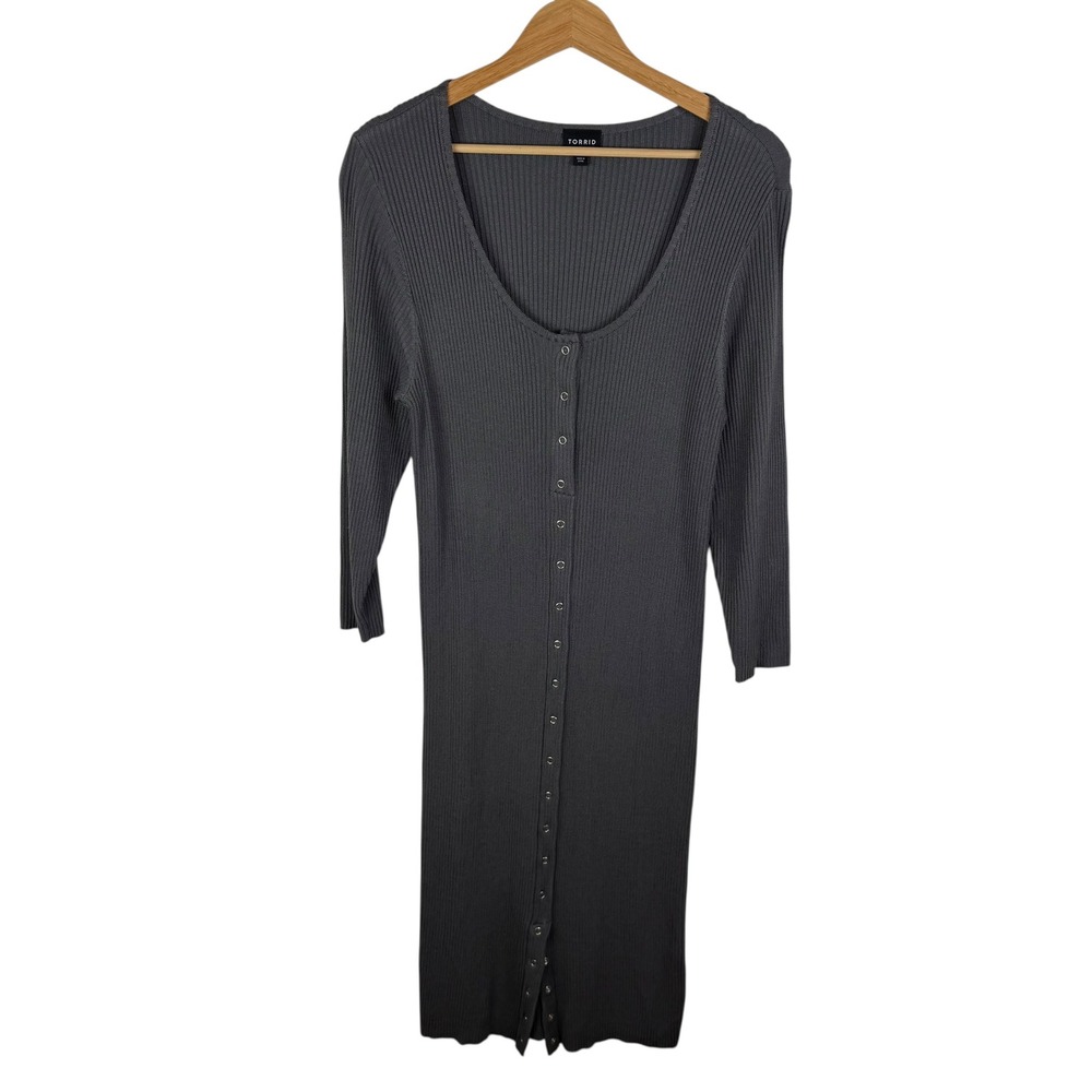 Torrid Grey Ribbed Knit Button Front Midi Dress Size 1X Stretch Minimalist Comfy